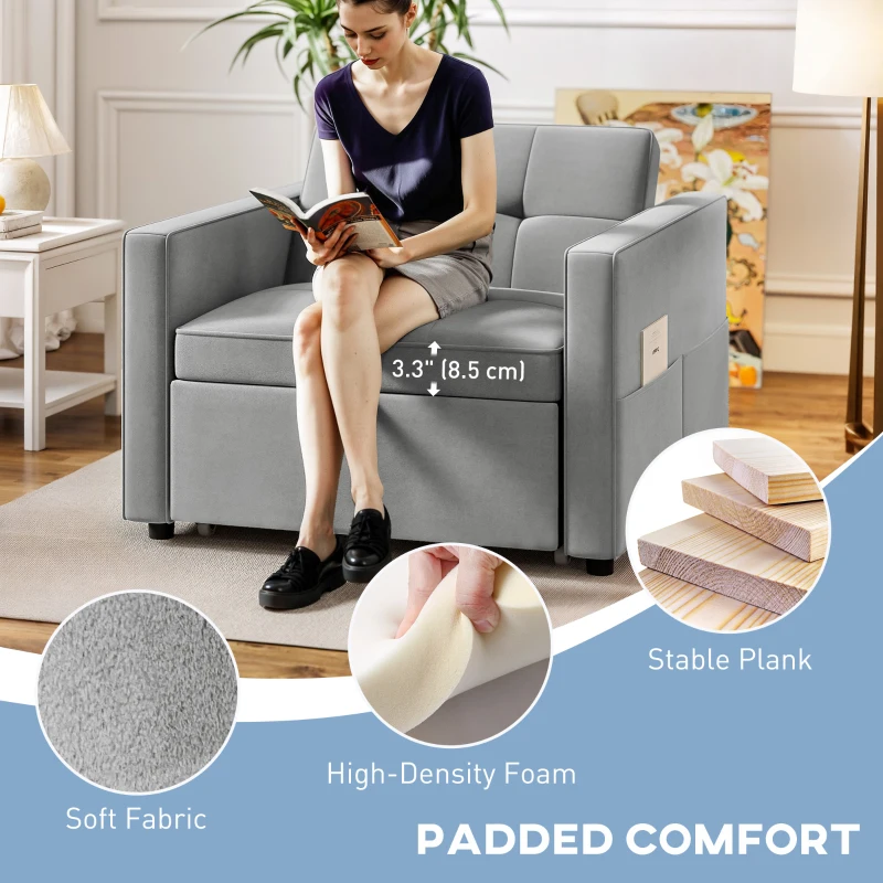 HOMCOM Convertible Chair Bed, Pull Out Sleeper Chair with USB, Adjustable Backrest, Small Velvet Futon Sofa Bed, Grey