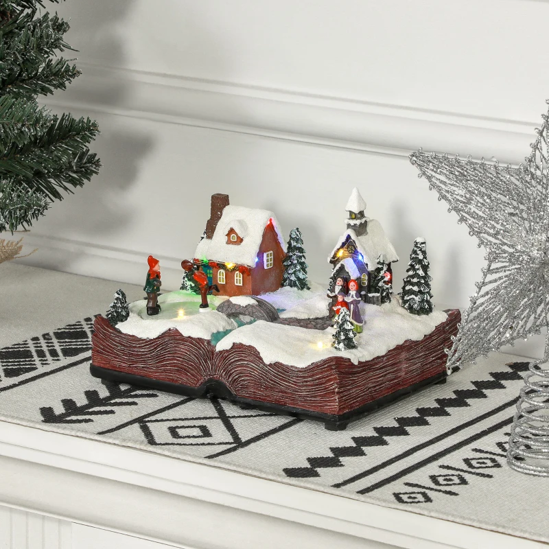 HOMCOM Christmas Village Houses with LED Lights, Music, Christmas Village Decoration with Rotating Ice Skaters, Battery Operated