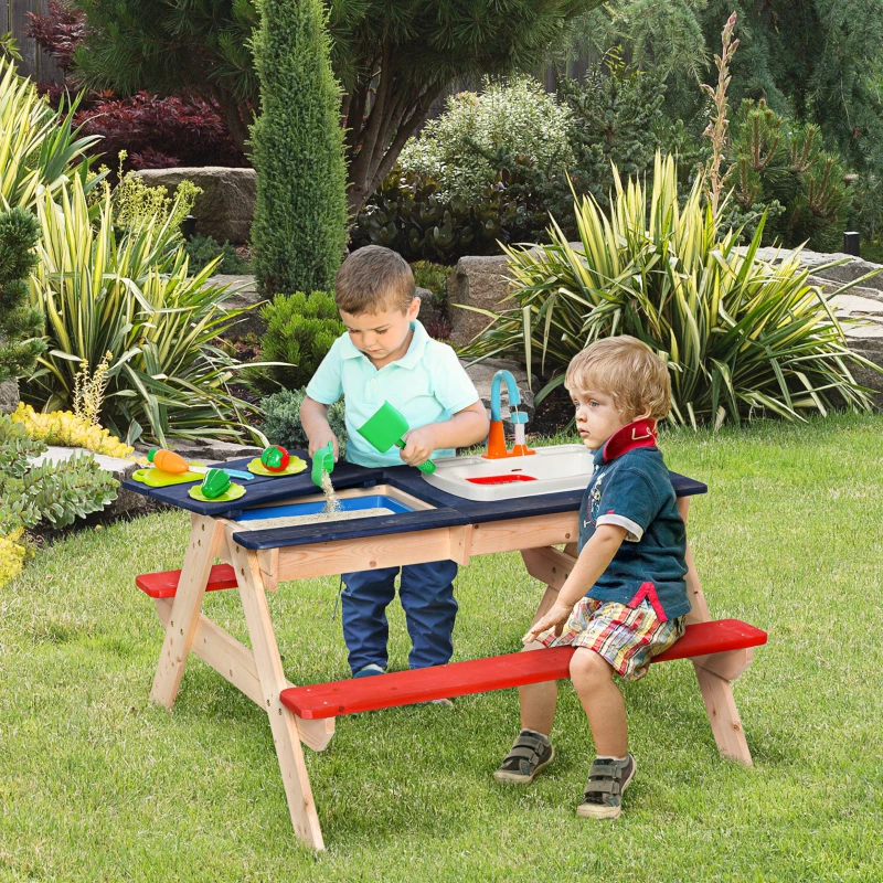 Outsunny Sand & Water Table with Sandbox, Outdoor  with Kitchen Toys, Kids Picnic Table and Bench Set Water Circulation Faucet and Vegetable Accessories