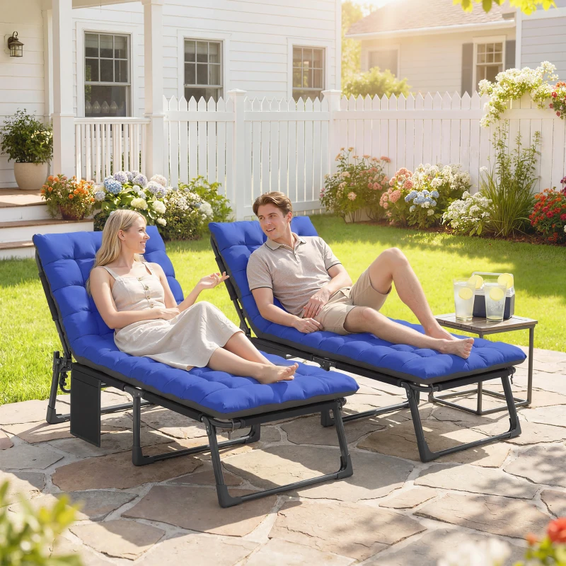 Outsunny Folding Chaise Lounge Chair Outdoor Tanning Chair Set of 2 with 5-Position Backrest, Cushions, Side Pocket, Gray/Blue