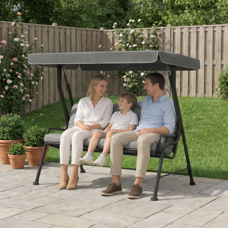 Outsunny 3-Seat Patio Swing Chair, Outdoor Swing Glider with Adjustable Canopy, Removable Thicken Cushion, and Weather Resistant Steel Frame, for Garden, Poolside, Backyard, Gray