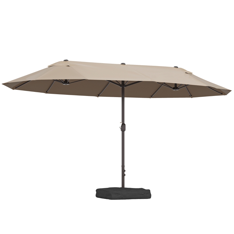 Outsunny 15' Outdoor Patio Umbrella with Twin Canopy Sunshade Steel Table Umbrella w/ Lift Crank, Cross base, Sandbag, Brown