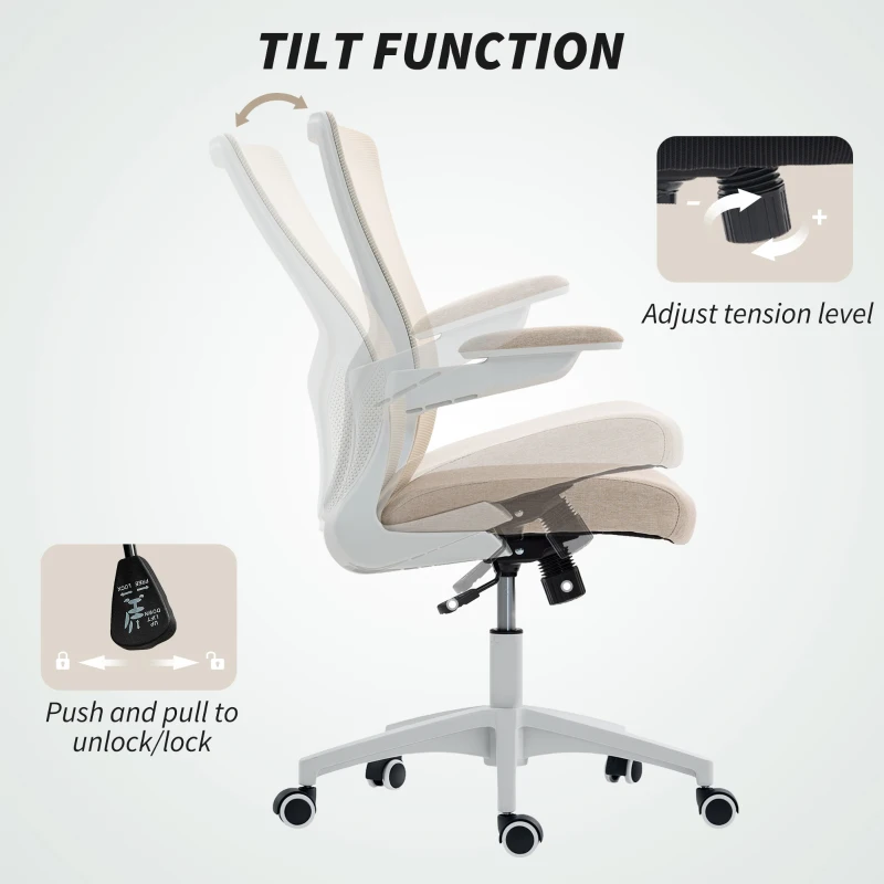 HOMCOM Ergonomic Office Chair, Swivel Desk Chair with Adjustable Lumbar Support and Height, Flip-up Armrests, Wheels, Beige