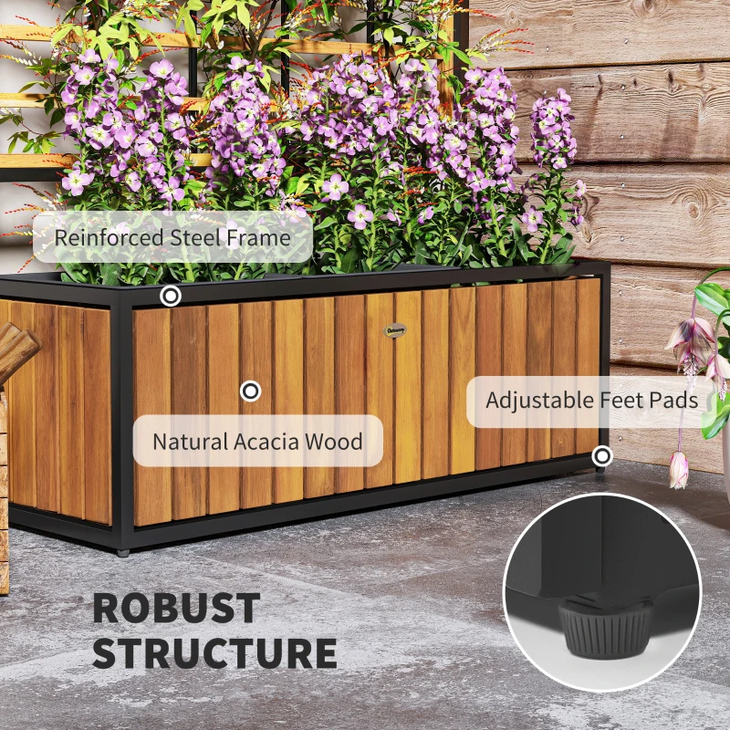 Outsunny Wooden Raised Garden Bed with Trellis, Removable Pots for Backyard, Patio, Balcony, 29" x 11" x 52", Teak