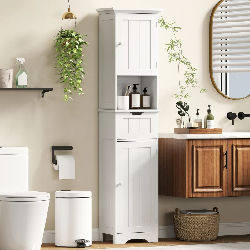 HOMCOM 67" Tall Bathroom Storage Cabinet, Narrow Bathroom Cabinet with LED Light, Adjustable Shelf, Open Compartment, Drawer