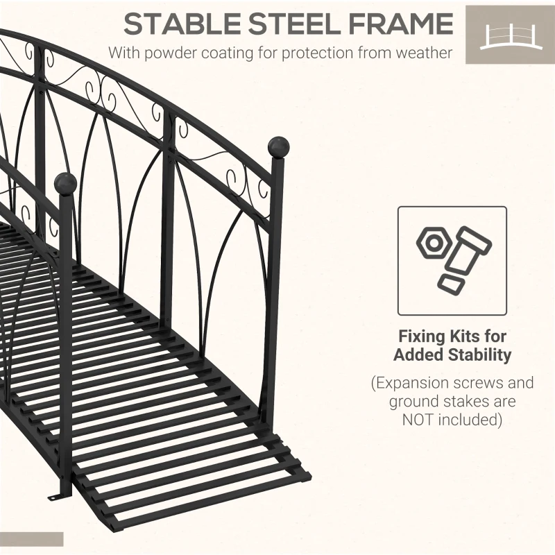 Outsunny 8' Metal Arch Garden Bridge Arc Footbridge with Guardrails and Decorative Scrollwork, Black