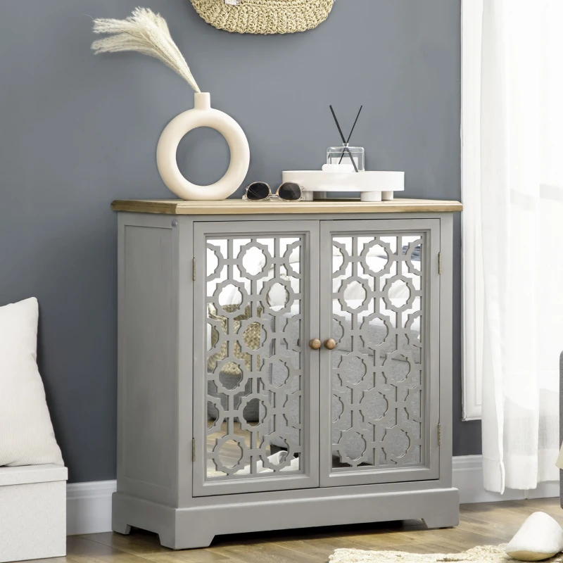 HOMCOM Farmhouse Sideboard Buffet Cabinet, Kitchen Storage Cabinet, Accent Cabinet with Double Glass Doors and Solid Wood Countertop for Kitchen, Living Room, Gray