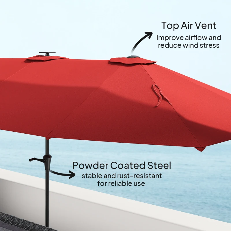 Outsunny 13ft Double-Sided Market Umbrella, Large Patio Umbrella with Solar Lights, Crank Handle for Garden, Pool, Yard, Wine Red
