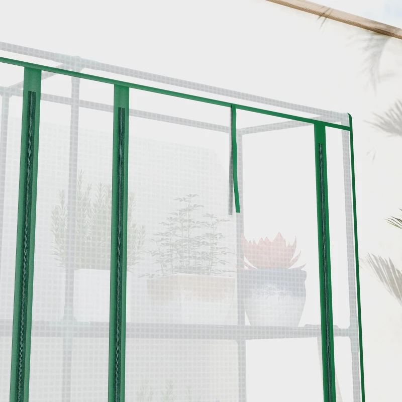Outsunny 84.6" x 18.1" x 56.7" Lean-to Mini Greenhouse, 3-Tier Shelves, 3 Roll-Up Doors, PE Cover, White