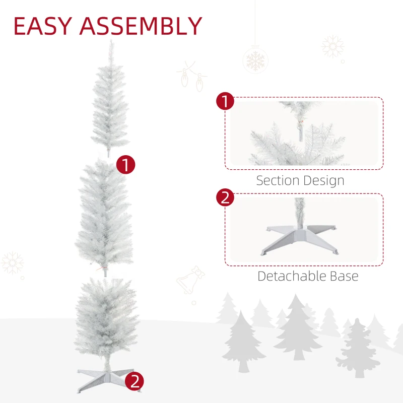 HOMCOM 7' Prelit Christmas Trees, Pencil Artificial Christmas Tree with Colourful Surface Tips, Colourful LED Lights, White