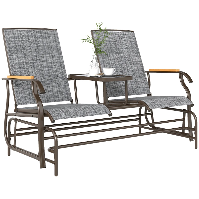 Outsunny Outdoor 2-Person Glider Bench, Outside Swing Glider Chair Loveseat with Breathable Mesh, Table, Steel Frame