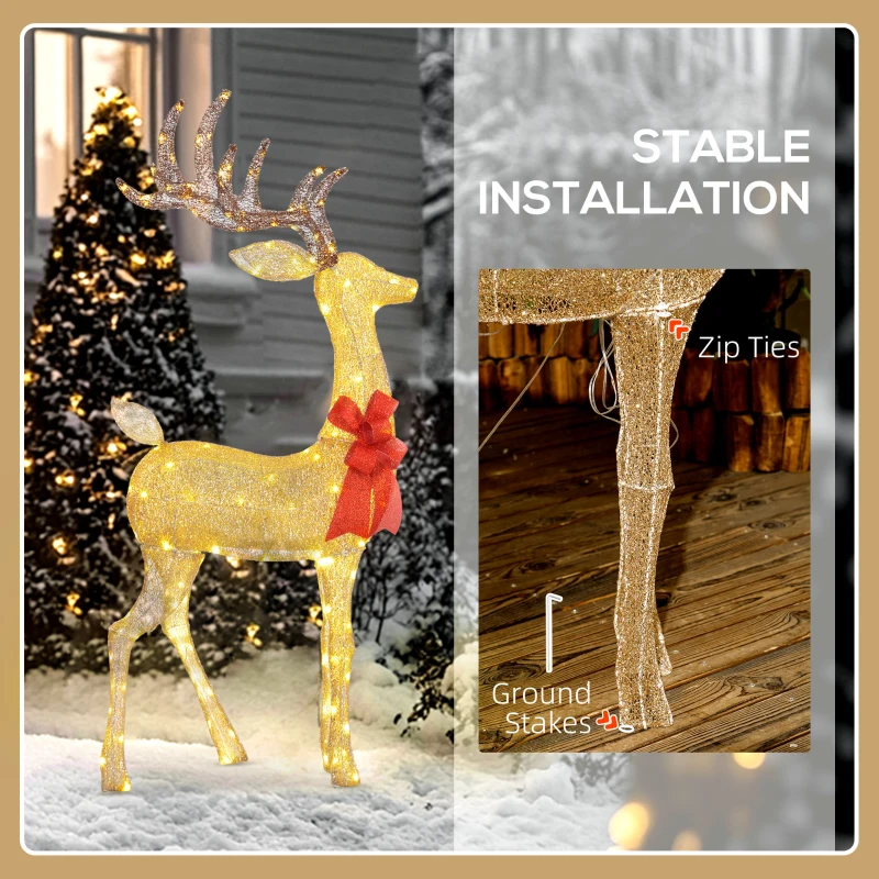 Outsunny Light Up Reindeer Yard Decoration, Lighted Deer Christmas Decoration with LED Lights for Indoor, Outdoor, Lawn, Gold