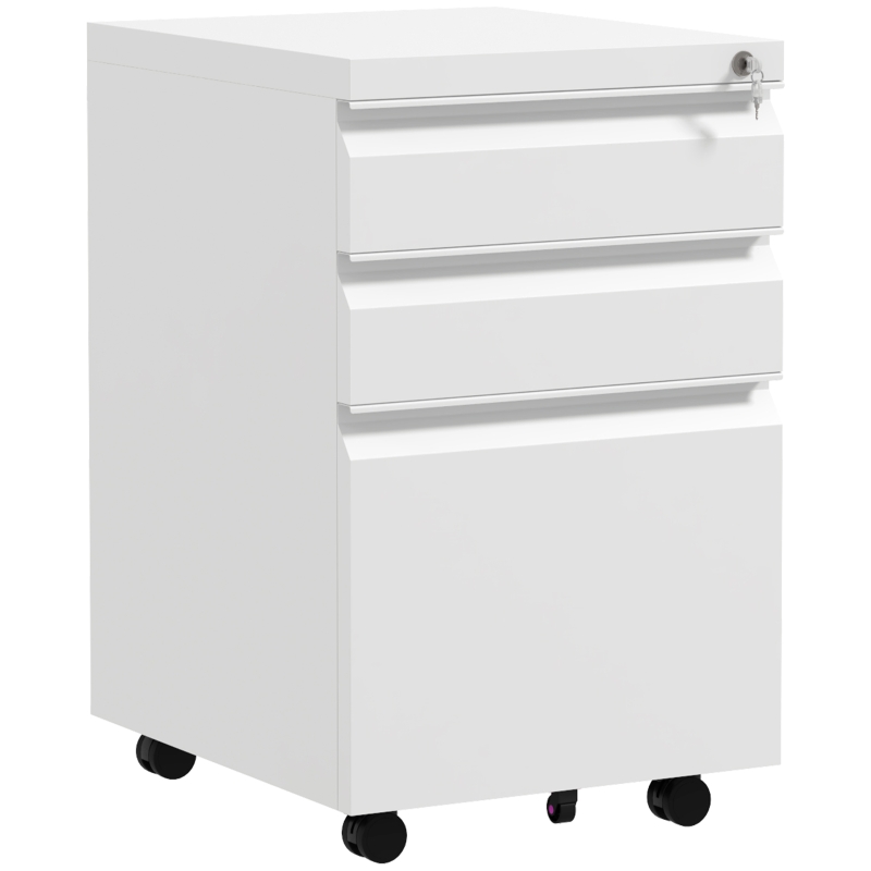 Vinsetto 3 Drawer File Cabinet with Lock, Steel Vertical Filing Cabinet with 5 Wheels and Hanging Bar for A4/Legal/Letter, Home Office Printer Stand with Pre-Assembled Body, White