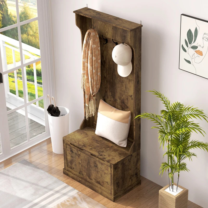 HOMCOM Hall Tree with Coat Rack, Storage, and Sitting Bench, Rustic Brown