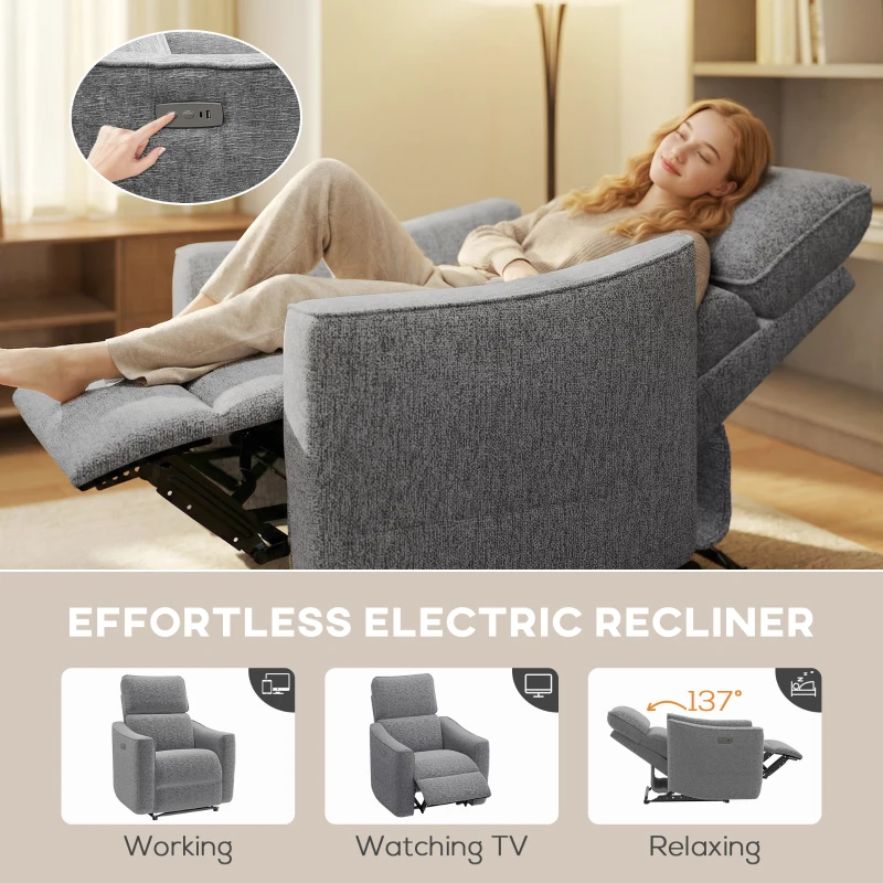 HOMCOM Power Recliner Chair, Chenille Upholstered Recliner Chair with USB Ports, Footrest, Dark Grey