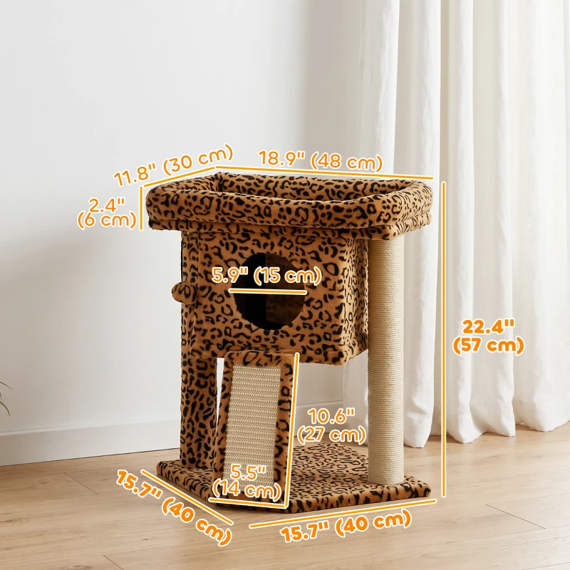 PawHut Cat Tree, Small Cat Tower with Perch, Scratching Post, Cat Condo, Toy Ball for Kitty, Leopard Print