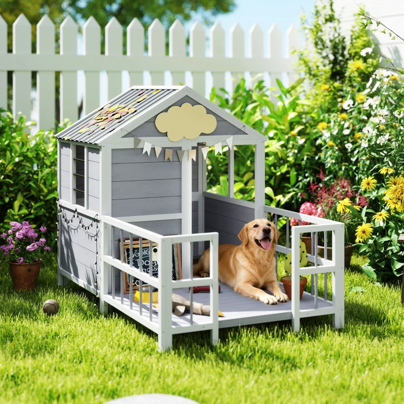 PawHut Outdoor Dog House, 61"L Wooden Dog House with Porch, Weatherproof Roof, Elevated Base, Air Vents & Observation Windows