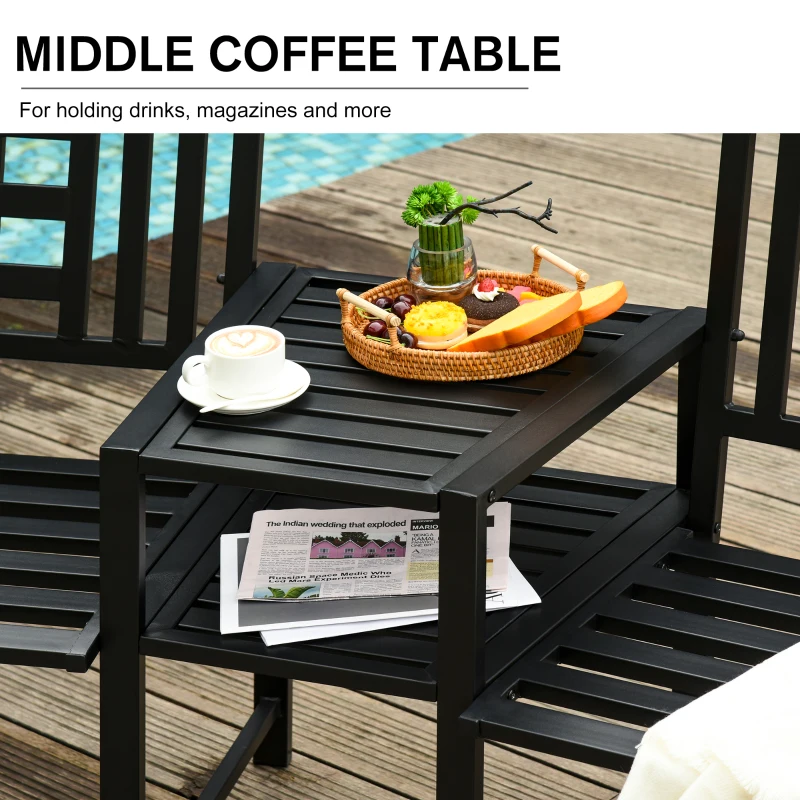 Outsunny Tete-a-Tete Garden Bench with Center Table, Metal Frame, Outdoor 2-Person Loveseat with Armrest for Patio Backyard Porch Black