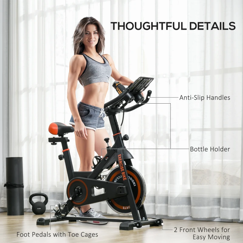Soozier Exercise Bike, Flywheel Indoor Stationary Bike, Adjustable Height and Resistance, with LCD Monitor, Comfortable Seat Cushion, 264 lbs Capacity, Black and Red