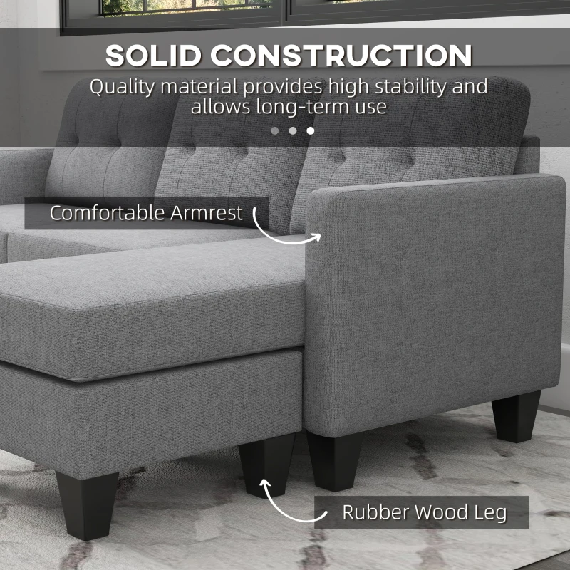 HOMCOM L-shaped Sofa, 3 Seater Couch with Ottoman, Corner Sofa with Thick Padded Cushion and Wood Legs, Light Grey