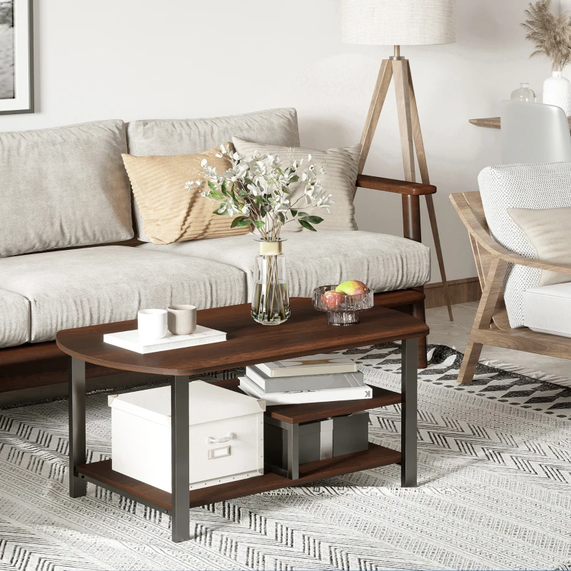 HOMCOM Vintage Industrial Coffee Table with Under-Top Storage Shelves and Rounded Corners, Dark Wood Color