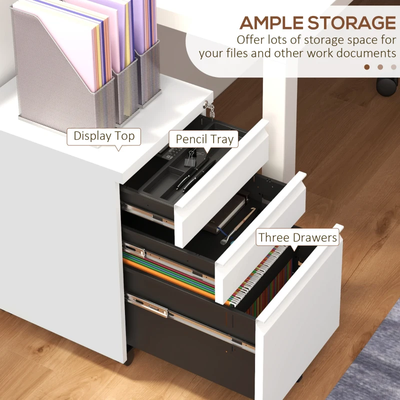 Vinsetto 3 Drawer File Cabinet with Lock, Steel Vertical Filing Cabinet with 5 Wheels and Hanging Bar for A4/Legal/Letter, Home Office Printer Stand with Pre-Assembled Body, White