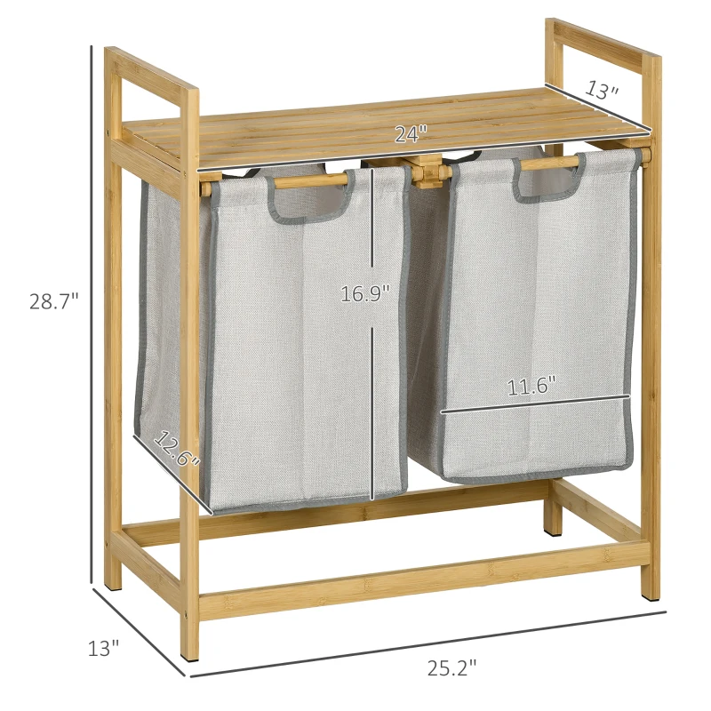 HOMCOM Bamboo Laundry Basket, Double Laundry Hamper with Shelf, 2 Pull-Out and Removable Bags, Natural Wood and Dark Gray