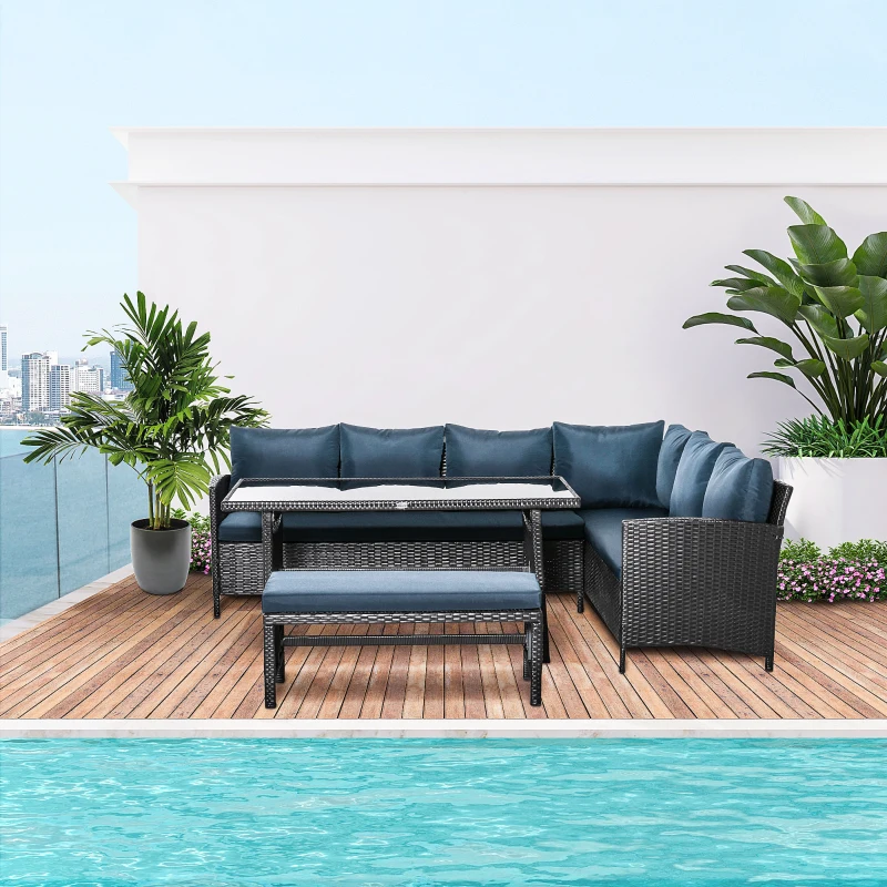 Outsunny 4 Pieces Patio Wicker Dining Sets, Outdoor PE Rattan Sectional Conversation Set with Cushions & Dining Table, Bench for Garden, Backyard, Lawn, Navy Blue