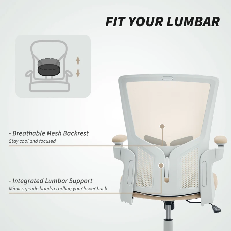 HOMCOM Ergonomic Office Chair, Swivel Desk Chair with Adjustable Lumbar Support and Height, Flip-up Armrests, Wheels, Beige