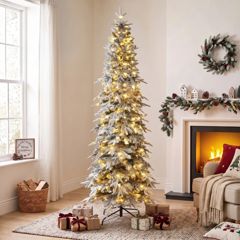 HOMCOM 7ft Prelit Flocked Christmas Tree, Artificial Pencil Hinged Xmas Tree w/ Slim Downswept Shape, 350 Warm White LED Lights, 8 Modes, Daily Timer, 800 Tips, Remote, Green White