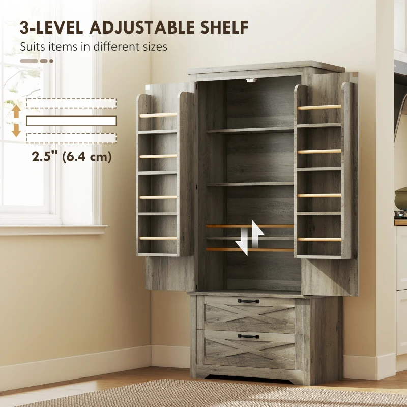 HOMCOM Farmhouse Kitchen Pantry Storage Cabinet, 64" Freestanding Kitchen Pantry Cabinet with Drawers, Distressed Grey