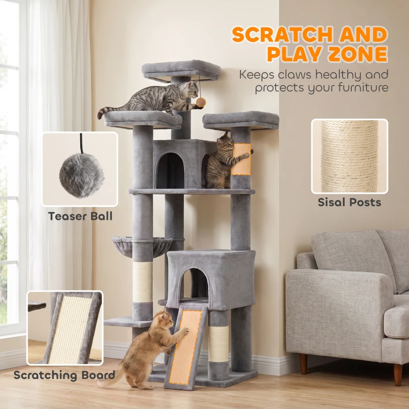 PawHut 72" Cat Tree, Large Cat Tower with 2 Condos, 3 Padded Beds, Hammock, 3 Scratching Posts and Ladder