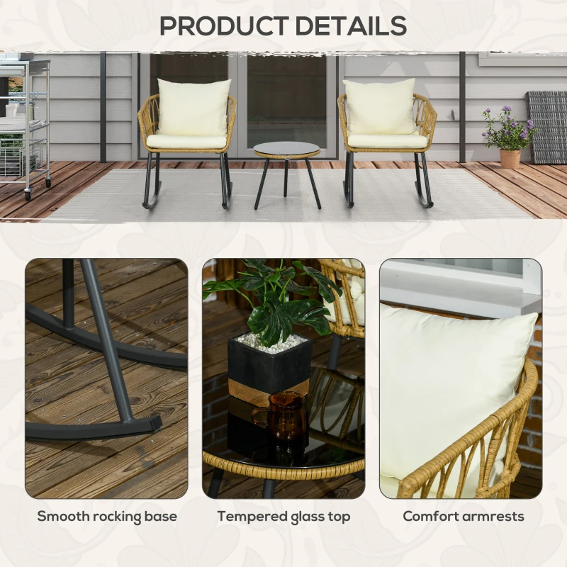 Outsunny Wicker Outdoor Rocking Chair Set, 3 Piece Patio Bistro Set with 2 Porch Rocker Chairs, Glass Top Coffee Table and Cushions, Patio Conversation Set for Balcony, Backyard, Cream White