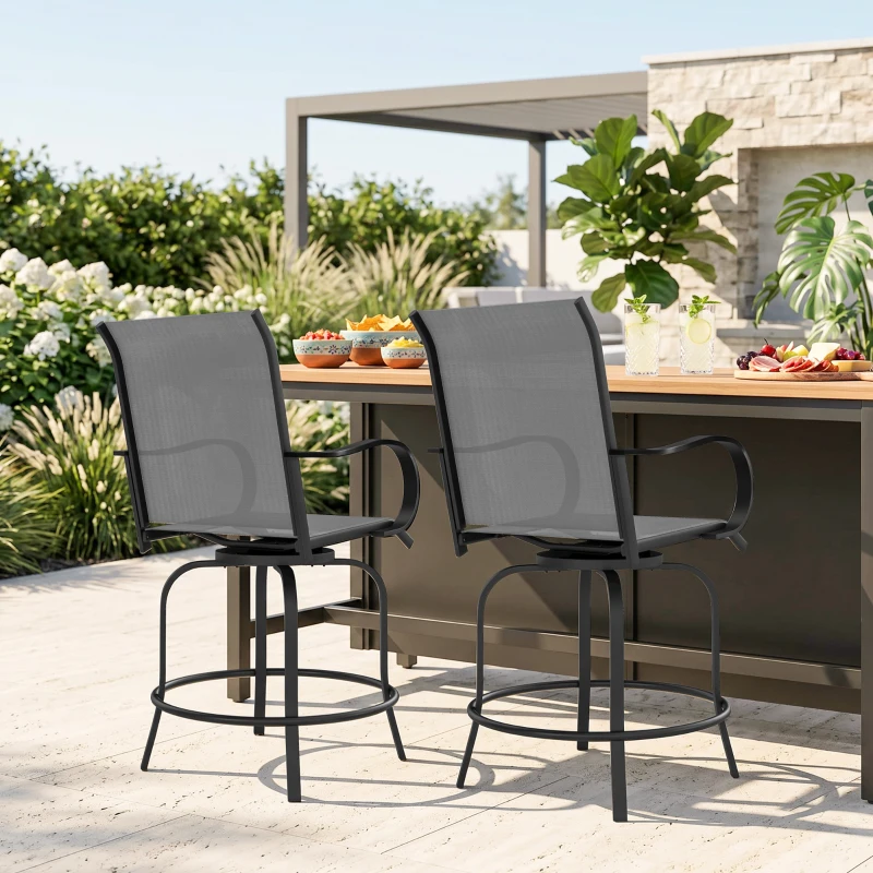 Outsunny Outdoor Bar Stools Set of 2, 360° Swivel Bar Height Chairs, 26.75" x 29.5" x 48.5", Gray