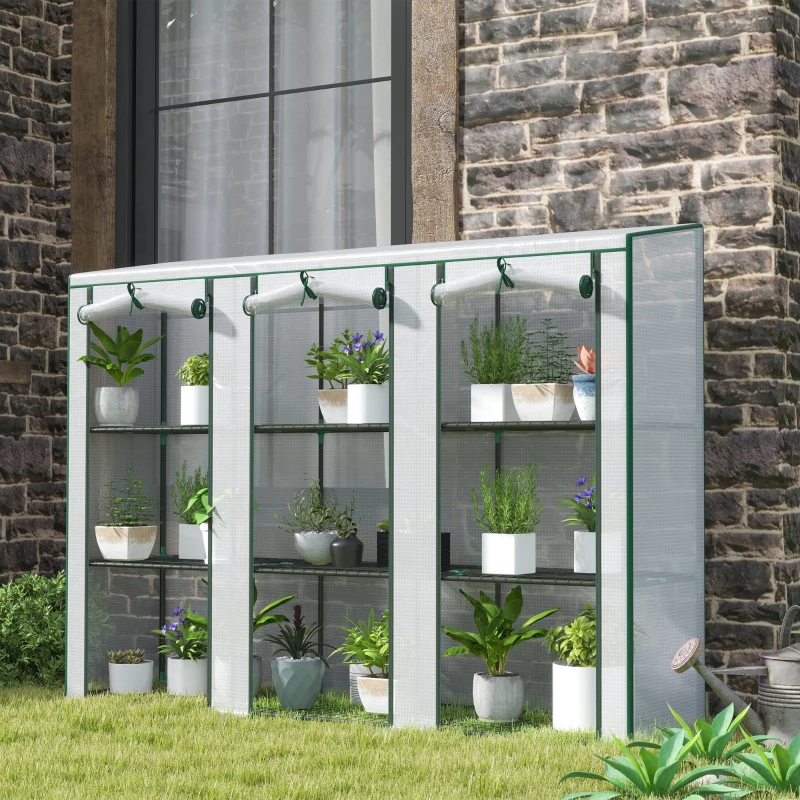Outsunny 84.6" x 18.1" x 56.7" Lean-to Mini Greenhouse, 3-Tier Shelves, 3 Roll-Up Doors, PE Cover, White