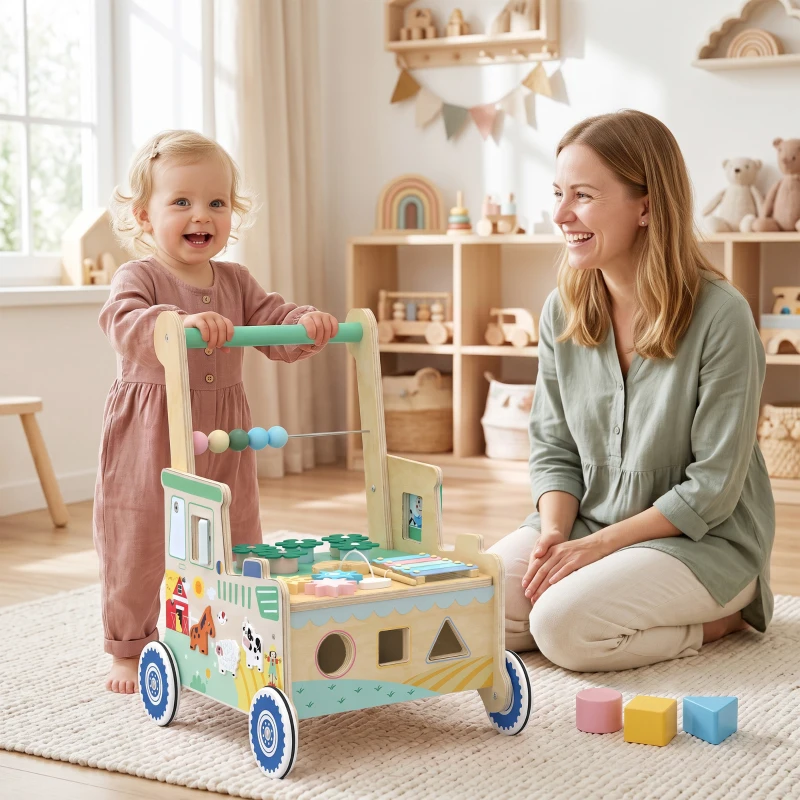 Qaba Wooden Baby Walker for 1-3 Year, Montessori Inspired Push Along Walker Toys, Multifunctional Activity Centre