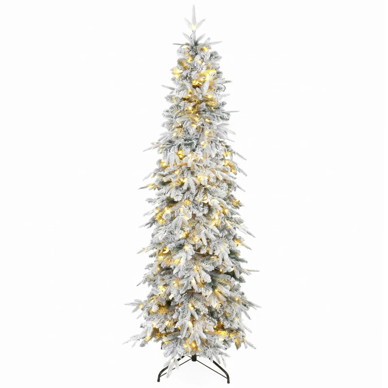 HOMCOM 7ft Prelit Flocked Christmas Tree, Artificial Pencil Hinged Xmas Tree w/ Slim Downswept Shape, 350 Warm White LED Lights, 8 Modes, Daily Timer, 800 Tips, Remote, Green White
