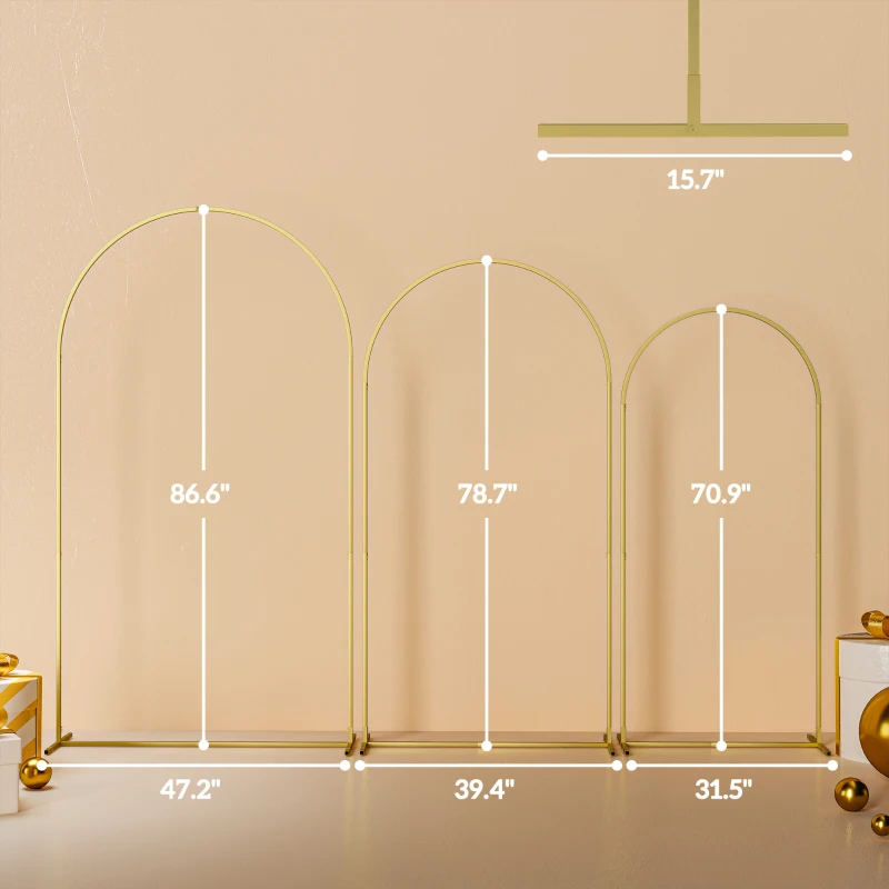 Outsunny Metal Arch Backdrop Stand Set of 3, 7/6.5/6 ft Wedding Arch Frame, Balloon Backdrop Arch Stand Set, Gold