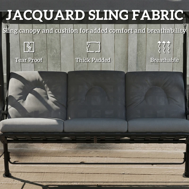 Outsunny 3-Seat Patio Swing Chair, Outdoor Swing Glider with Adjustable Canopy, Removable Thicken Cushion, and Weather Resistant Steel Frame, for Garden, Poolside, Backyard, Gray