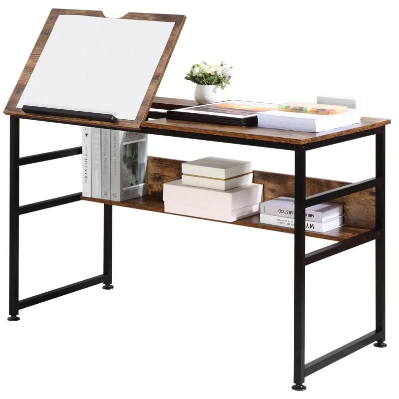 HOMCOM Adjustable Drafting Table Art Desk Drawing Table Craft Desk Workstation for Painting Multifunctional Writing Desk with Tiltable Tabletop and Storage Shelf Rustic Brown