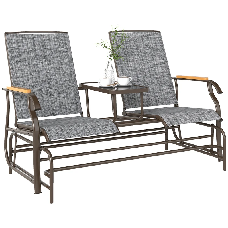 Outsunny Outdoor 2-Person Glider Bench, Outside Swing Glider Chair Loveseat with Breathable Mesh, Table, Steel Frame