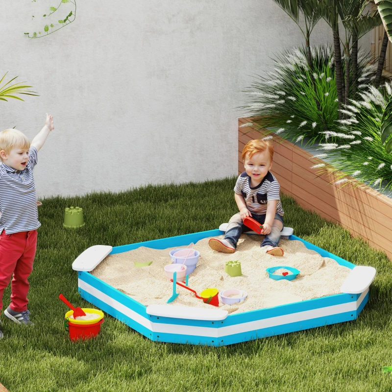 Qaba Kids Sandbox with 4 Corner Seats, Bottom Liner for Backyard, Garden, Outdoor, 52" x 52" x 6", Blue
