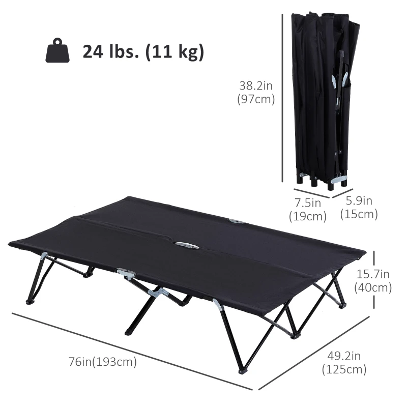 Outsunny 76" Two Person Folding Camping Cot Outdoor Portable Double Cot Wide Military Sleeping Bed w/ Carrying Bag Black