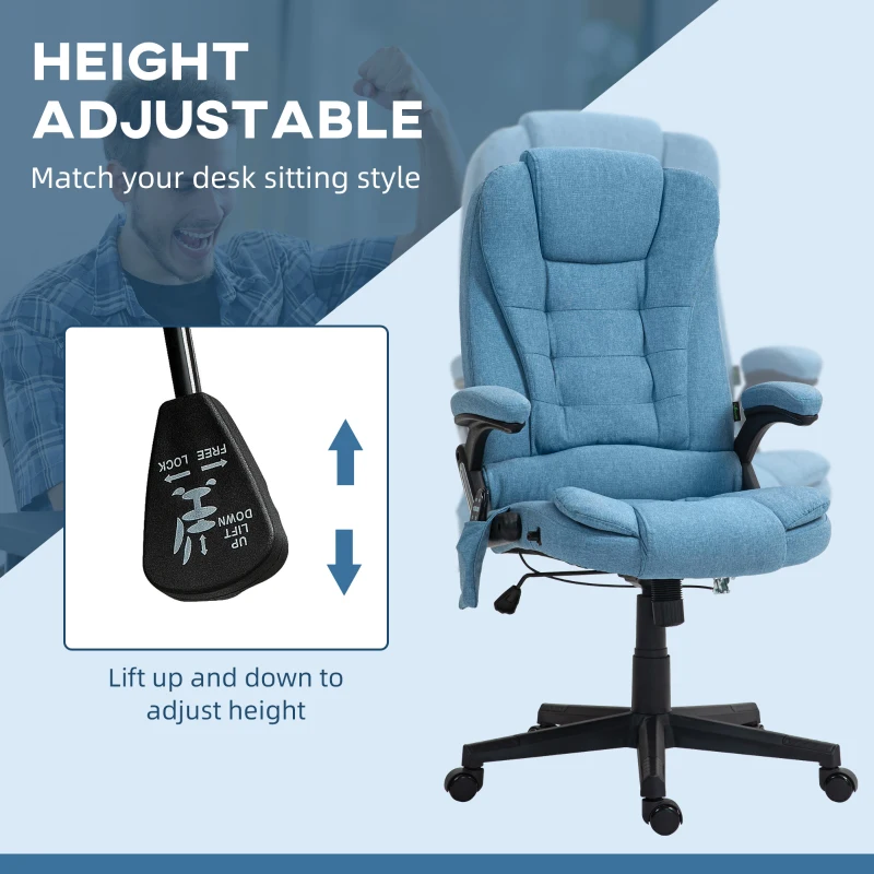 Vinsetto 6 Point Vibrating Massage Office Chair with Heat, Linen High Back Massage Desk Chair w/ Reclining Backrest, Light Blue