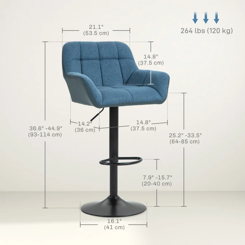 HOMCOM Swivel Barstools Set of 2 Adjustable Bar Stools with Footrest Armrests and PU Leather Back for Dining Room Dark Blue