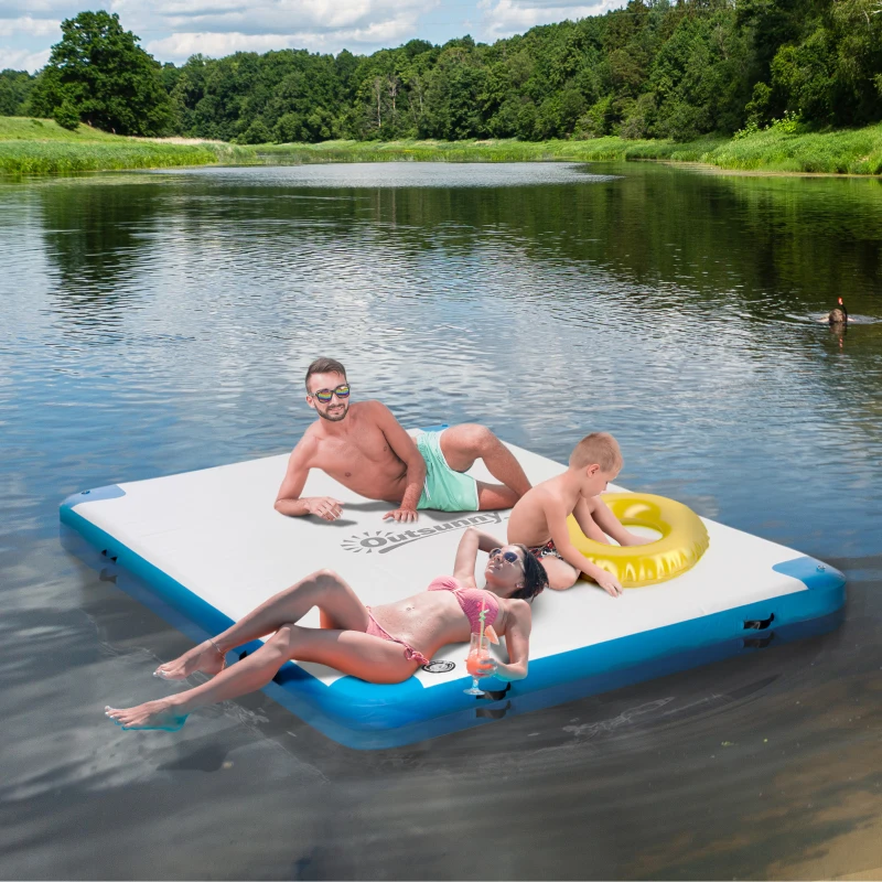 Outsunny 8 x 6ft Water Inflatable Floating Dock, Inflatable Platform Island, Large Floating Mat Raft with Air Pump & Backpack