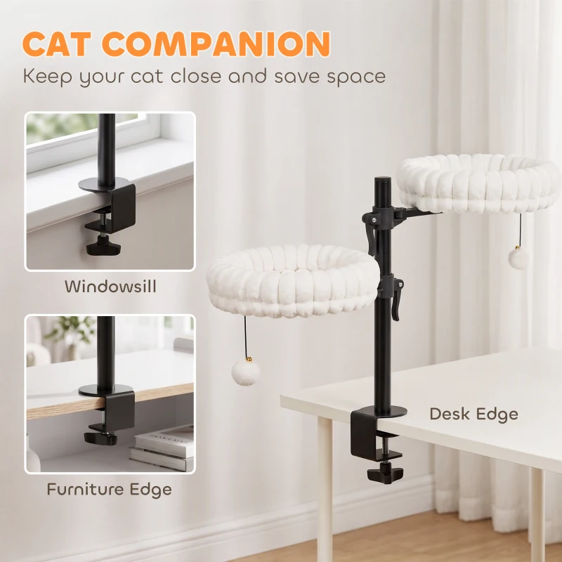 PawHut Cat Desk Bed for Indoor, Cat Hammock with 2 Removable Beds, 2 Hanging Balls for Desk, Windows, Holds Up to 24 lbs, White