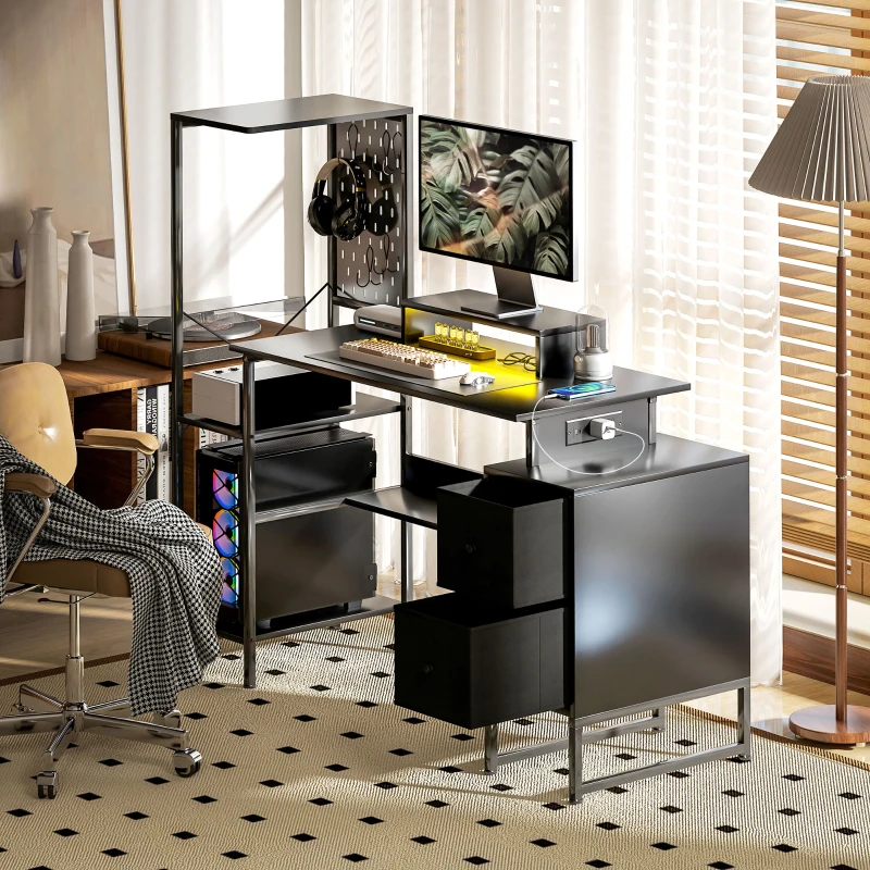 HOMCOM 56" Computer Desk with Storage, Computer Table with Power Outlets and LED Lights, Black