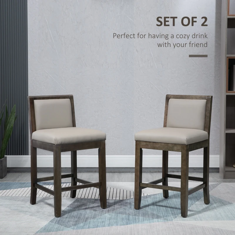 HOMCOM Counter Height Bar Stools Set of 2, Bar Chairs with Wood Legs, Grey