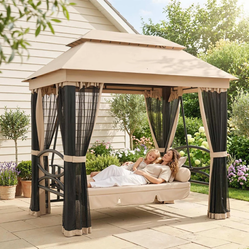 Outsunny 3-Seat Patio Swing Chair, Outdoor Gazebo Swing with Double Tier Canopy, Mesh Sidewalls, Cushioned Seat and Pillows, Beige